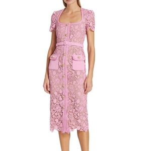 Self-Portrait Pink Guipure Lace Belted Midi Dress US Size 6 - New